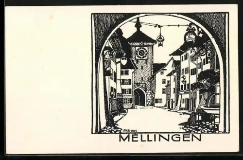 Künstler-AK Mellingen, Strassenpartie am Uhrturm