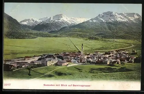 AK Samaden, Ortsansicht mit Blick auf die Berninagruppe