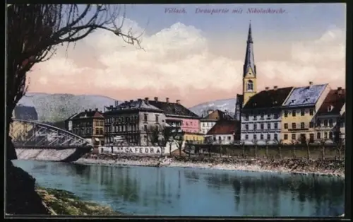 AK Villach, Draupartie mit Cafe Drau, Nikolaikirche und Brücke