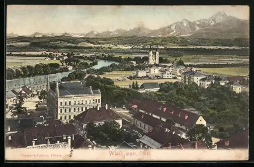 AK Villach, Totalansicht gegen Osten mit Bergpanorama