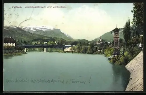 AK Villach, Eisenbahnbrücke mit Dobratsch