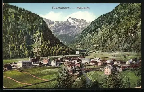 AK Mallnitz, Ortsansicht mit Bergen im Hintergrund
