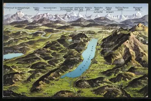 AK Steindorf, Ossiacher-See mit Bodensdorf, Unterberg und Feldkirchen, Bergpanorama mit Karawanken, Mangart und Triglav