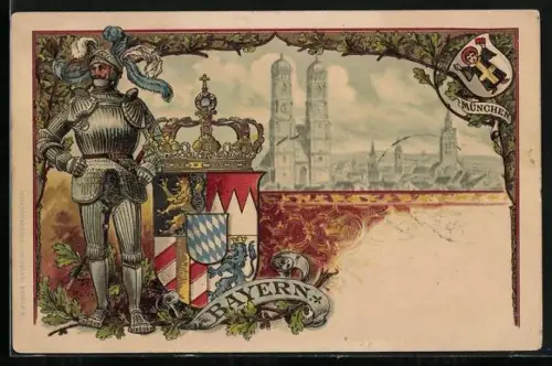 Lithographie München, Blick zur Frauenkirche, Münchner Kindl, Ritter in Rüstung, Wappen mit Krone