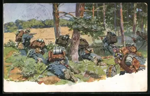Künstler-AK Anton Hoffmann - München: Infanteristen in Uniform im Feuergefecht