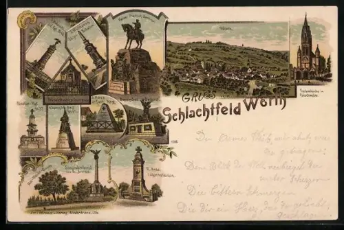 Lithographie Wörth, Ortsansicht & Regiments-Denkmäler