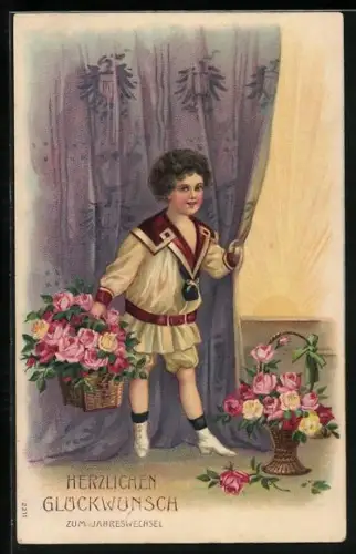 AK Knabe mit Rosenkörben vor einem Vorhang mit Wappenmotiv, Sonne, Neujahrsgruss