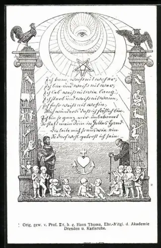 Künstler-AK Hans Thoma: Hahn & Eule auf Säulen mit Sternzeichen stehend, Putten, Pentagram und Auge