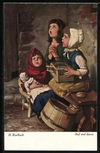 Künstler-AK Hermann Kaulbach: Auf und davon. Vogel fliegt aus dem Käfig, Mädchen schauen zu