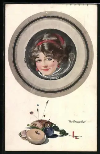 Künstler-AK William Barribal: Damenbild im Teller, Nadelkissen, Parfum und Pudertopf