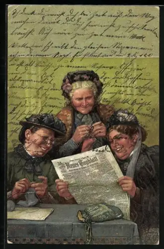 Künstler-AK Fritz Reiss: Alte Frauen lesen beim Stricken gerne Zeitung
