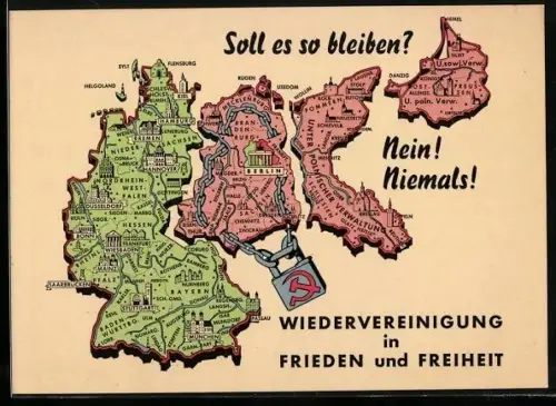 AK Deutsche Wiedervereinigung in Freiheit und Frieden, das zerrissene Deutschland innerhalb seiner Grenzen von 1937
