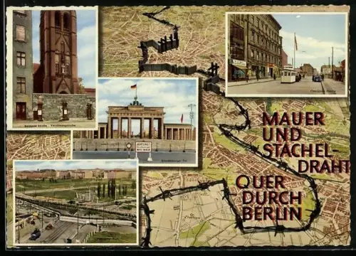 AK Berlin, Mauer und Stacheldraht quer durch die Stadt, Versöhnungskirche in der Bernauer Strasse, Checkpoint Charlie