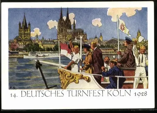AK Köln, 14. Deutsches Turnfest 1928, Turnfahrt auf dem Rhein, Fahne mit Turnerkreuz