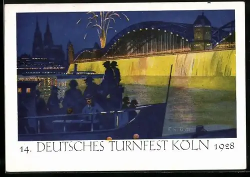 AK Köln, 14. Deutsches Turnfest 1928, Hohenzollernbrücke, Feuerwerk