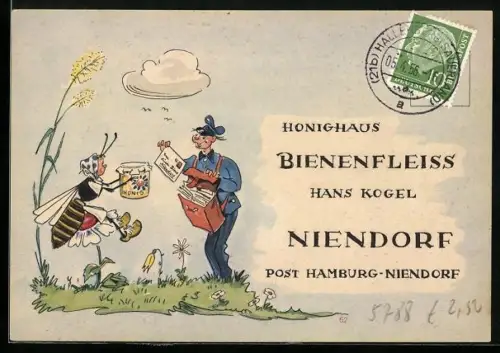 AK Niendorf, Imkerei Bienenfleiss von Hans Kogel, Biene und Postbote