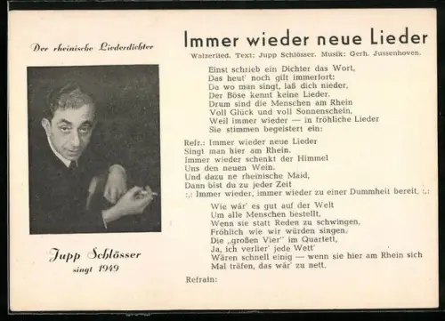 AK Immer wieder neue Lieder, Jupp Schlösser singt 1949 zu Fasching