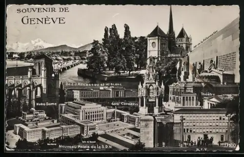 AK Genève, St. Pierre, Notre-Dame, Nouveau Palais de la SDN, Theatre, Fotomontage