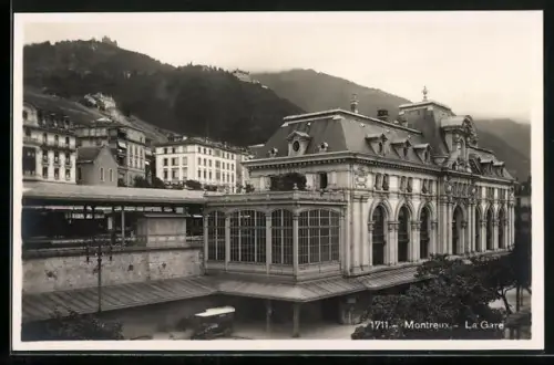 AK Montreux, La Gare, Bahnhof mit Zug und Buffet