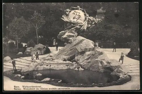 AK Bern, Weltpostdenkmal mit Skulpturen Australien, Asien, Afrika, Europa und Amerika
