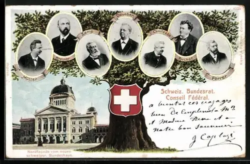 AK Bern, Nordfassade vom neuen schweizer. Bundeshaus, Mitglieder d. Schweiz. Bundesrat u. a. Zemp & Forrer, Wappen