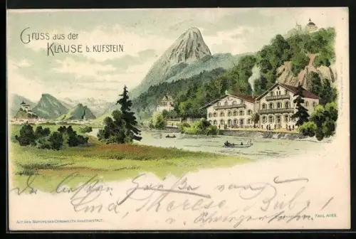 Lithographie Kufstein, Gruss aus der Klause, Gasthof