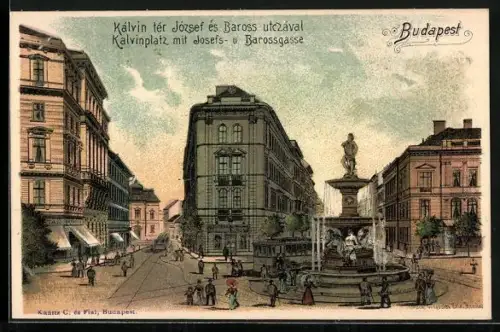 Lithographie Budapest, Kalvinplatz mit Josefs- und Barossgasse, Strassenbahn