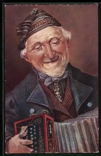 Künstler-AK Mönchgut / Rügen, Mann in Mönchguter Tracht beim Akkordeonspielen, Mütze auf dem Kopf