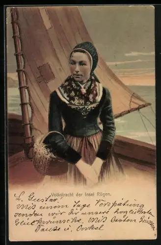 AK Rügen, Frau in Volkstracht auf Segelboot