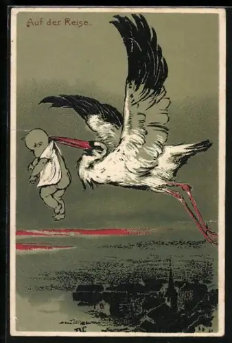 AK Klapperstorch mit Baby im Schnabel
