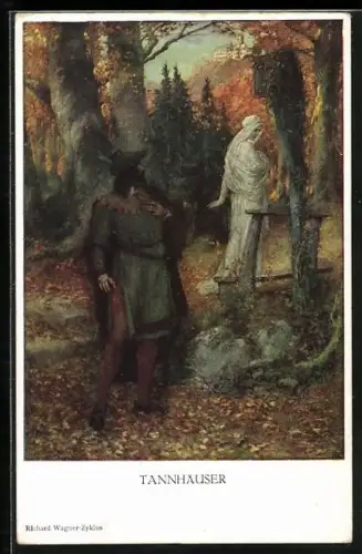 AK Tannhäuser, Mann mit Federhut schaut zur Frau im weissen Umhang