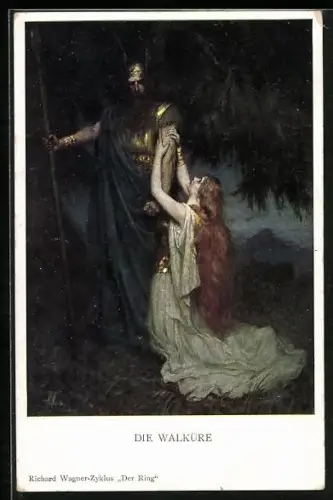 AK Die Walküre, Frau kniet vor einem mit Speer bewaffneten Krieger, Richard Wagner