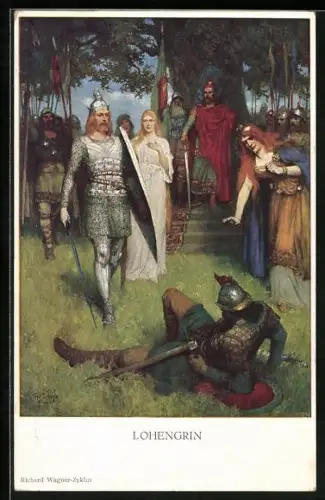Künstler-AK Richard-Wagner-Zyklus, Lohengrin mit besiegtem Gegner