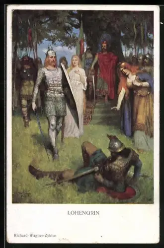 Künstler-AK Richard-Wagner-Zyklus, Lohengrin mit besiegtem Gegner