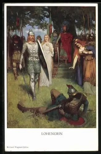 Künstler-AK Richard-Wagner-Zyklus, Lohengrin mit besiegtem Gegner