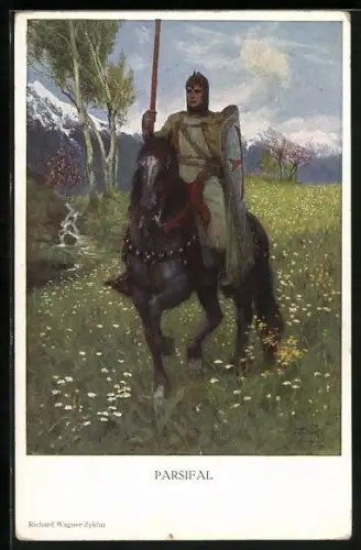 AK Parsival über eine Wiese reitend