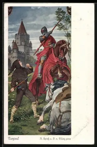 Künstler-AK Parsival, Serie 247, Nr. 4420, Ritter zu Pferd vor der Burg