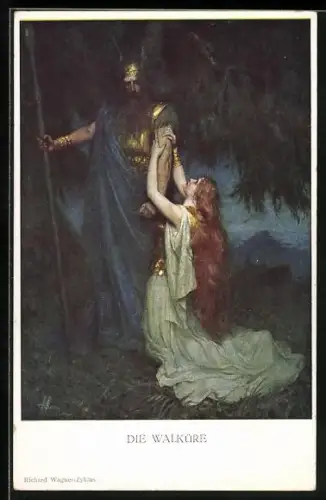 AK Die Walküre, Frau kniet vor einem mit Speer bewaffneten Krieger, Richard Wagner