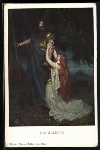 AK Die Walküre, Frau kniet vor einem mit Speer bewaffneten Krieger, Richard Wagner