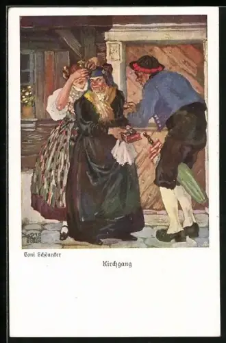 Künstler-AK Egerländer in Tracht putzen sich für den Kirchgang heraus