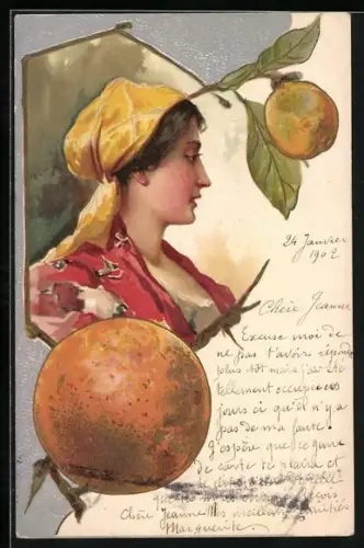 AK Junge Frau mit Kopftuch und Orangen, Jugendstil