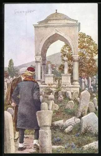 AK Männer in Jugoslawischer Tracht auf dem Friedhof