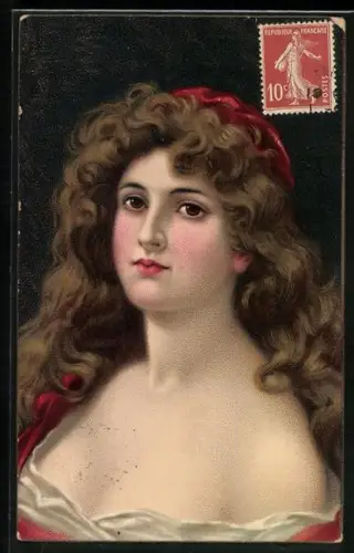 AK Junge Dame mit langen Haaren im roten Kleid