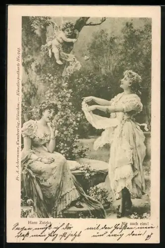 Künstler-AK Hans Zatzka: Amor wirft Herzen von einem Baum