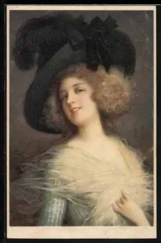 Künstler-AK M. Munk Nr. 1105: Junge Dame mit Hut und durchsichtiger Stola