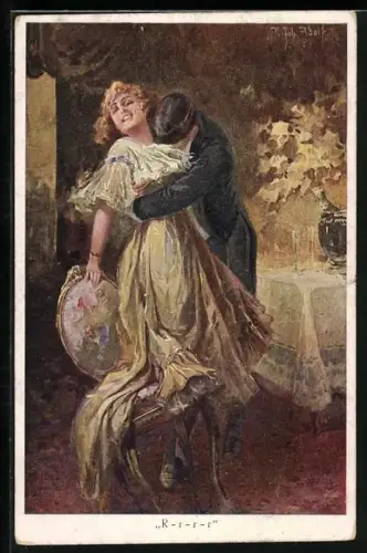 Künstler-AK Adolf (Jodolfi): Mann küsst Frau aufs Dekollete