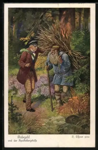 Künstler-AK F. Elssner: Rübezahl und der Apothekergehilfe, Begegnung im Wald