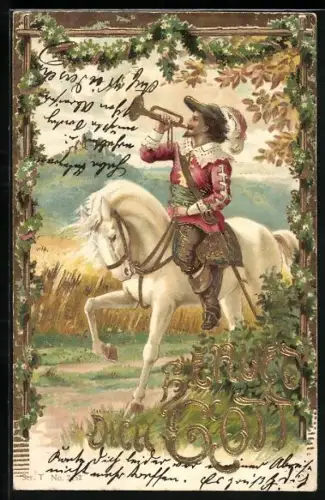 AK Behüt Dich Gott!, Edler Herr mit Trompete reitet auf Schimmel, Goldverzierung