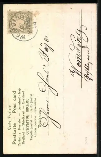 AK Behüt Dich Gott!, Edler Herr mit Trompete reitet auf Schimmel, Goldverzierung