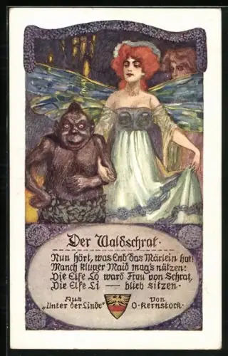 Künstler-AK Karl Alex Wilke: Der Waldschrat mit Fee, Spruch